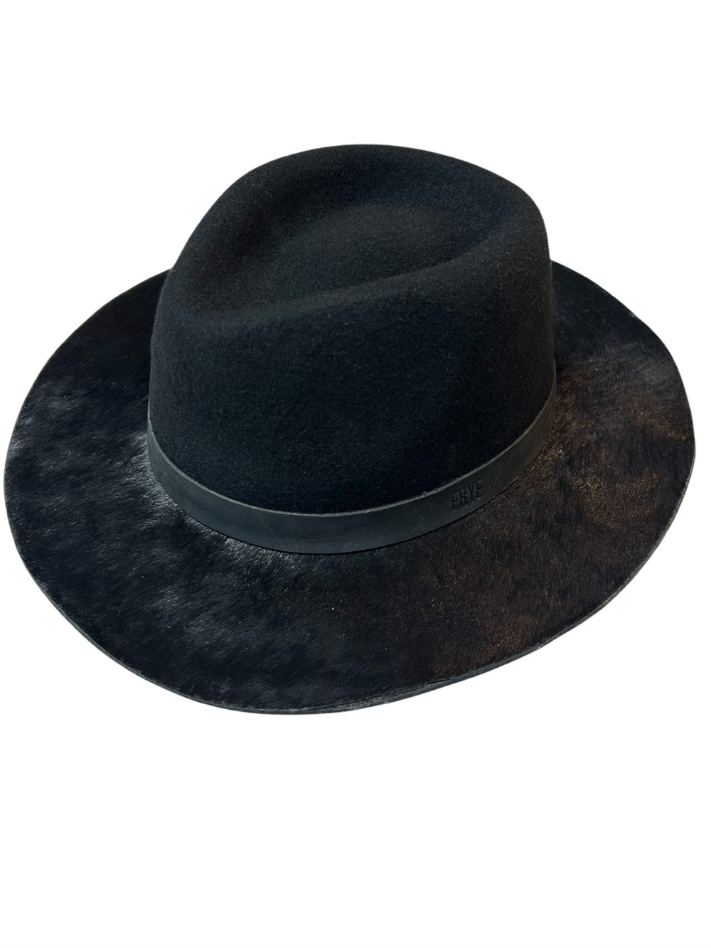 FRYE Parker Black Wool Felt Fedora Hat Calf Hair Brim Collaboration RN 110188
